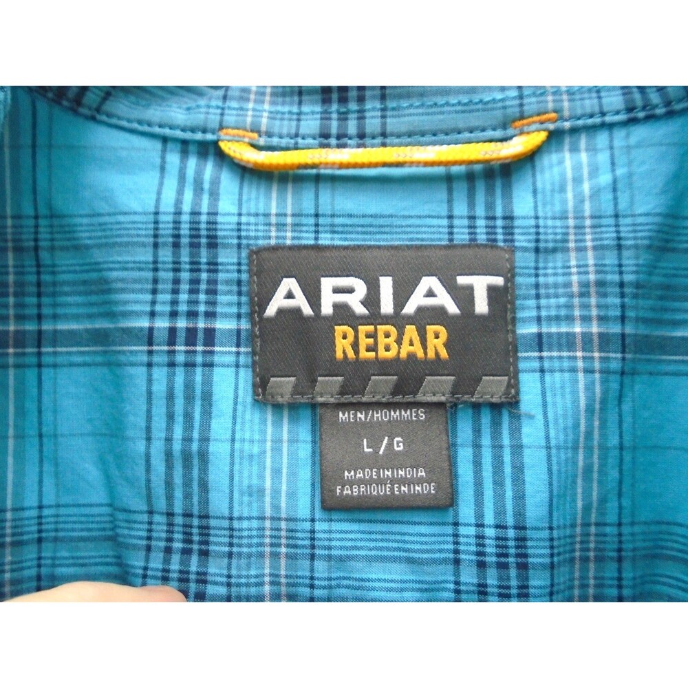 Ariat Rebar Work Shirt Mens Large Turquoise Plaid DuraStretch Short Sleeve Blue - Picture 3 of 11